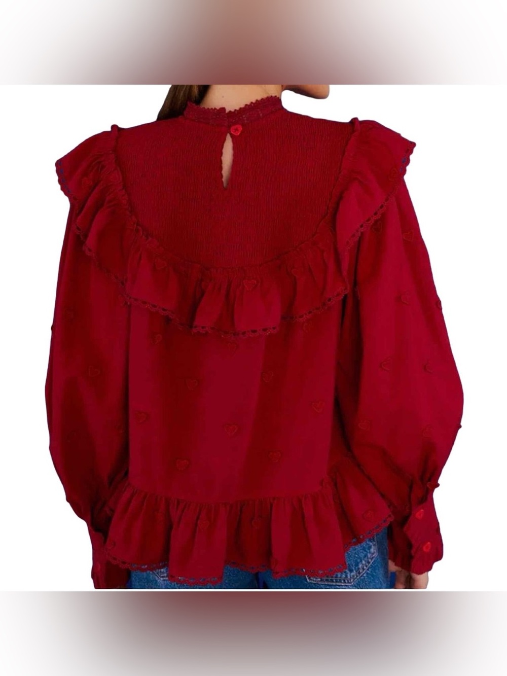 Farm Rio Red Smocked Ruffled 3D Heart Blouse - Picture 2 of 10